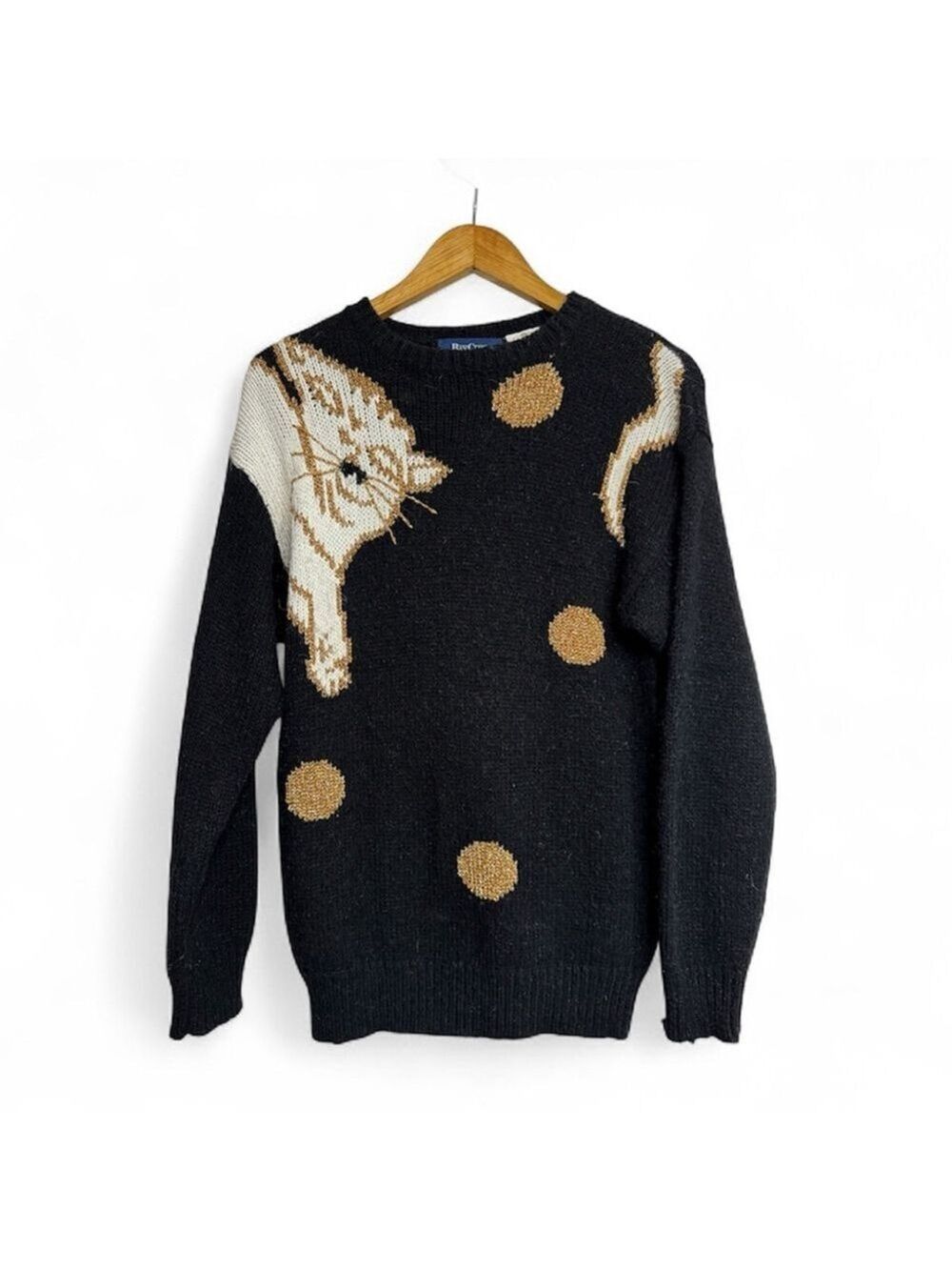 Vintage Bay Club Metallic Cat Sweater Black Gold Knit Novelty Pullover Small